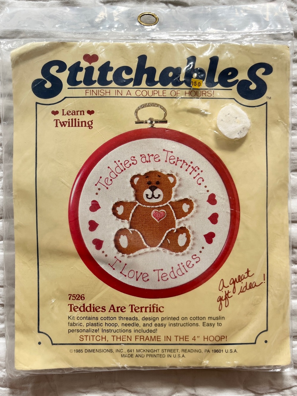 NEW Vtg Stitchables Twilling Needlework Kit Teddy Bear I Love Teddies Hoop 4”